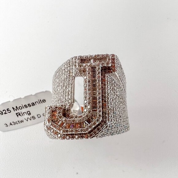 925 Sterling Sliver Moissanite Alphabet J Letter Ring, 3.43ctw VVS Stones Hip Ho - Picture 2 of 7